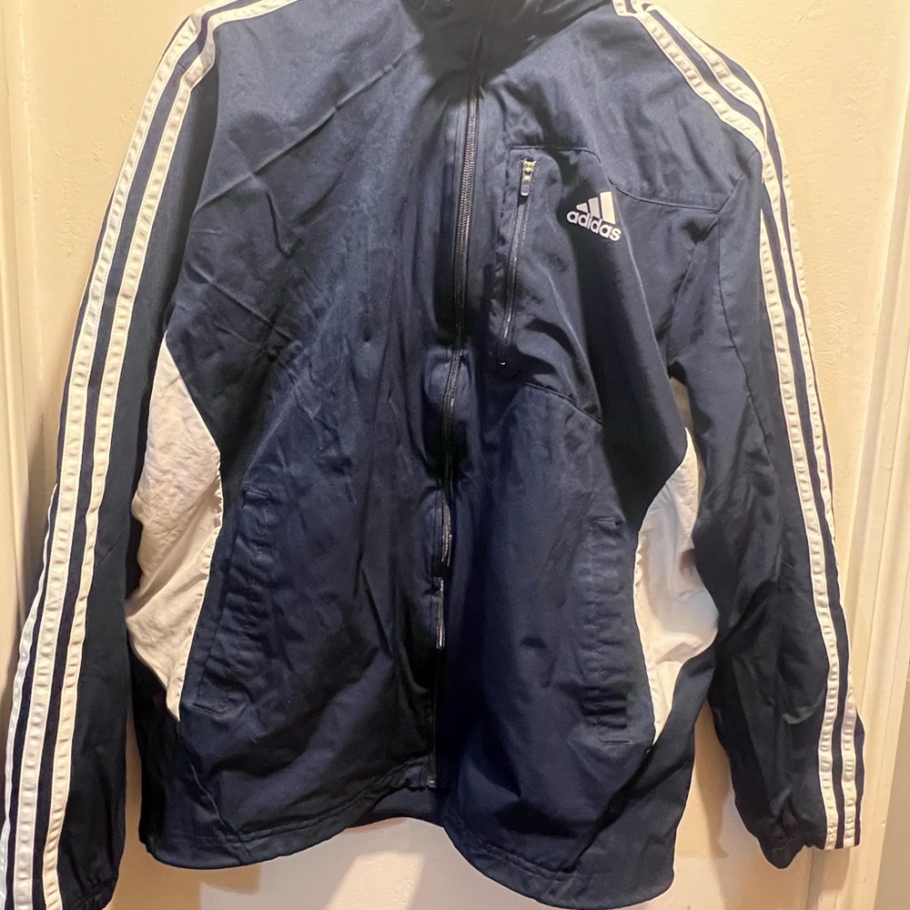adidas Navy and White Men's Track Windbreaker Jacket
